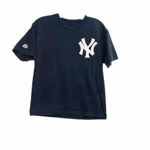 New York Yankees Mens Navy Cotton T Shirt Spell Out Graphic Logo Short Sleeve S